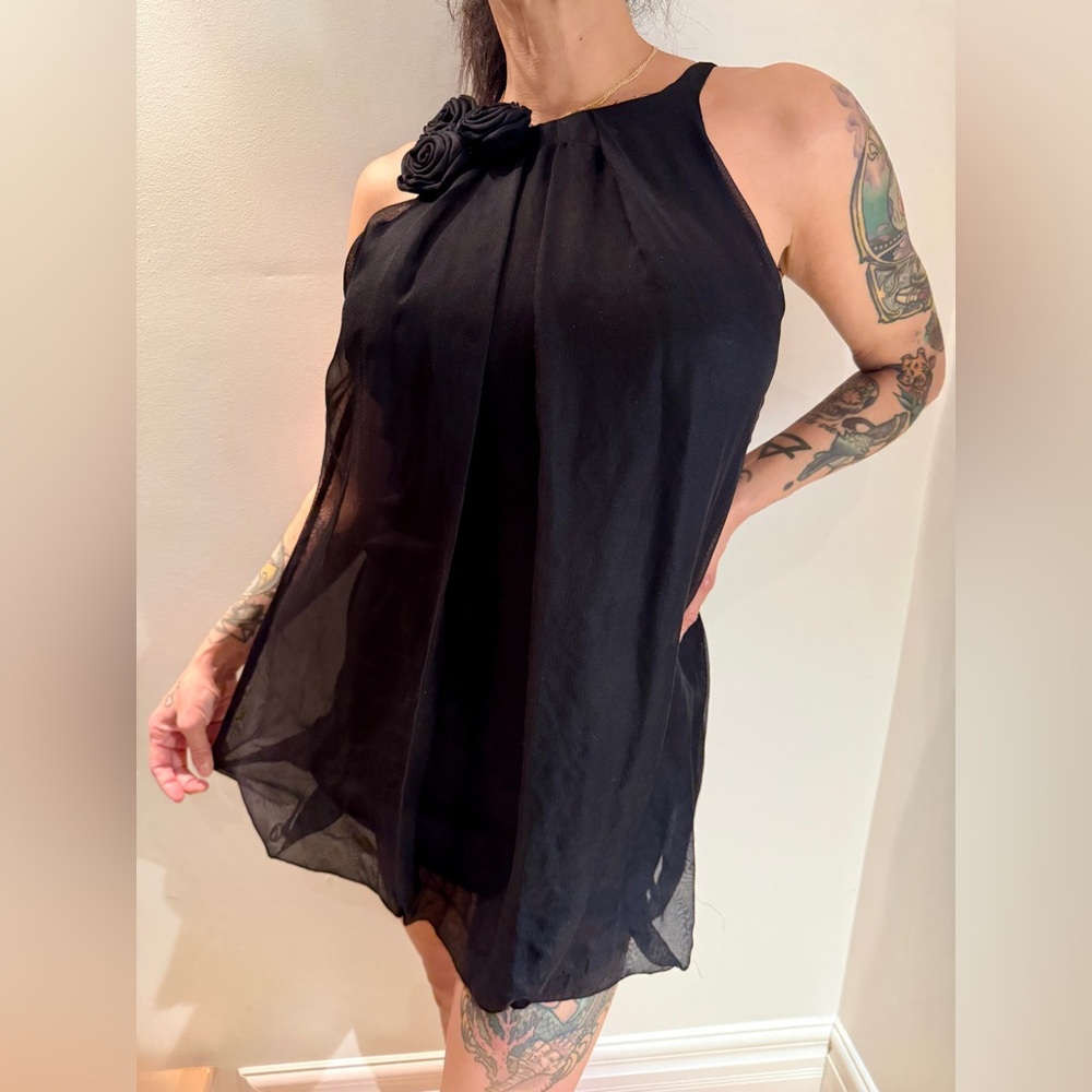 Bebe Black Mini Bubble Dress with Floral Detail